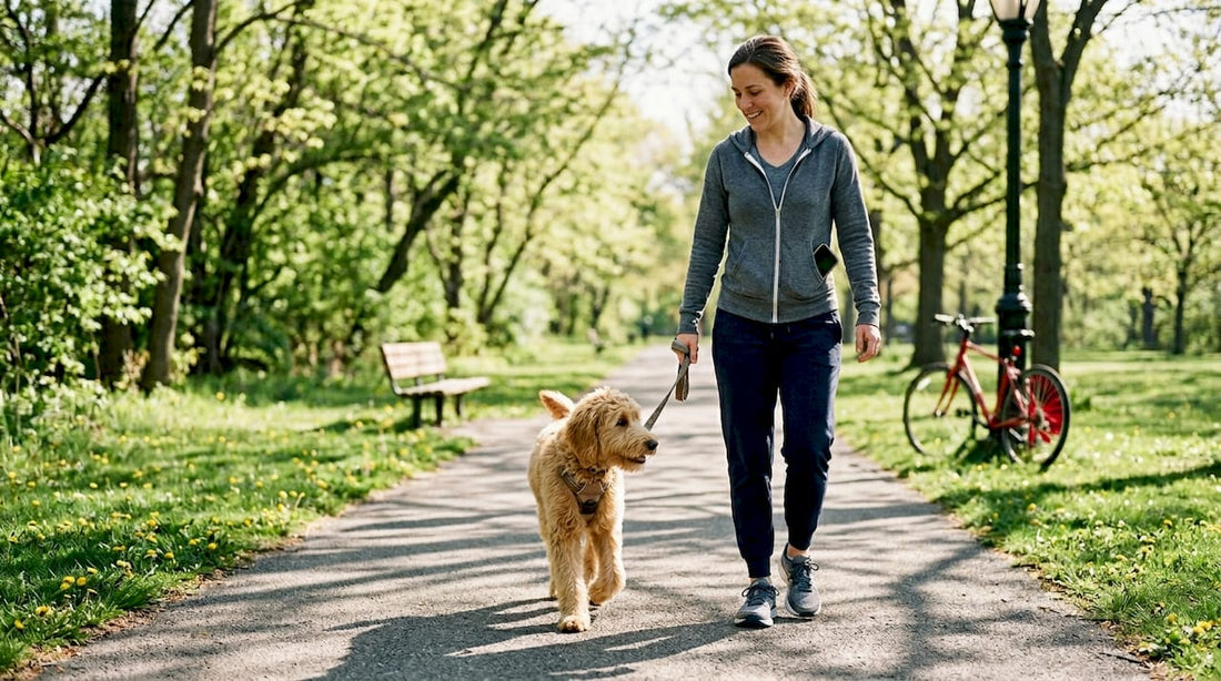 Woman walking goldendoodle on sunny park path